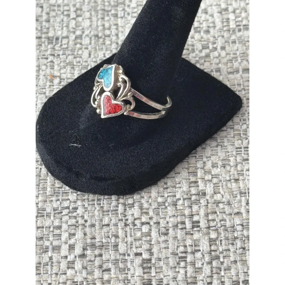 Sterling Silver Turquoise Coral Chip Inlay Double Heart Ring Southwestern Scroll